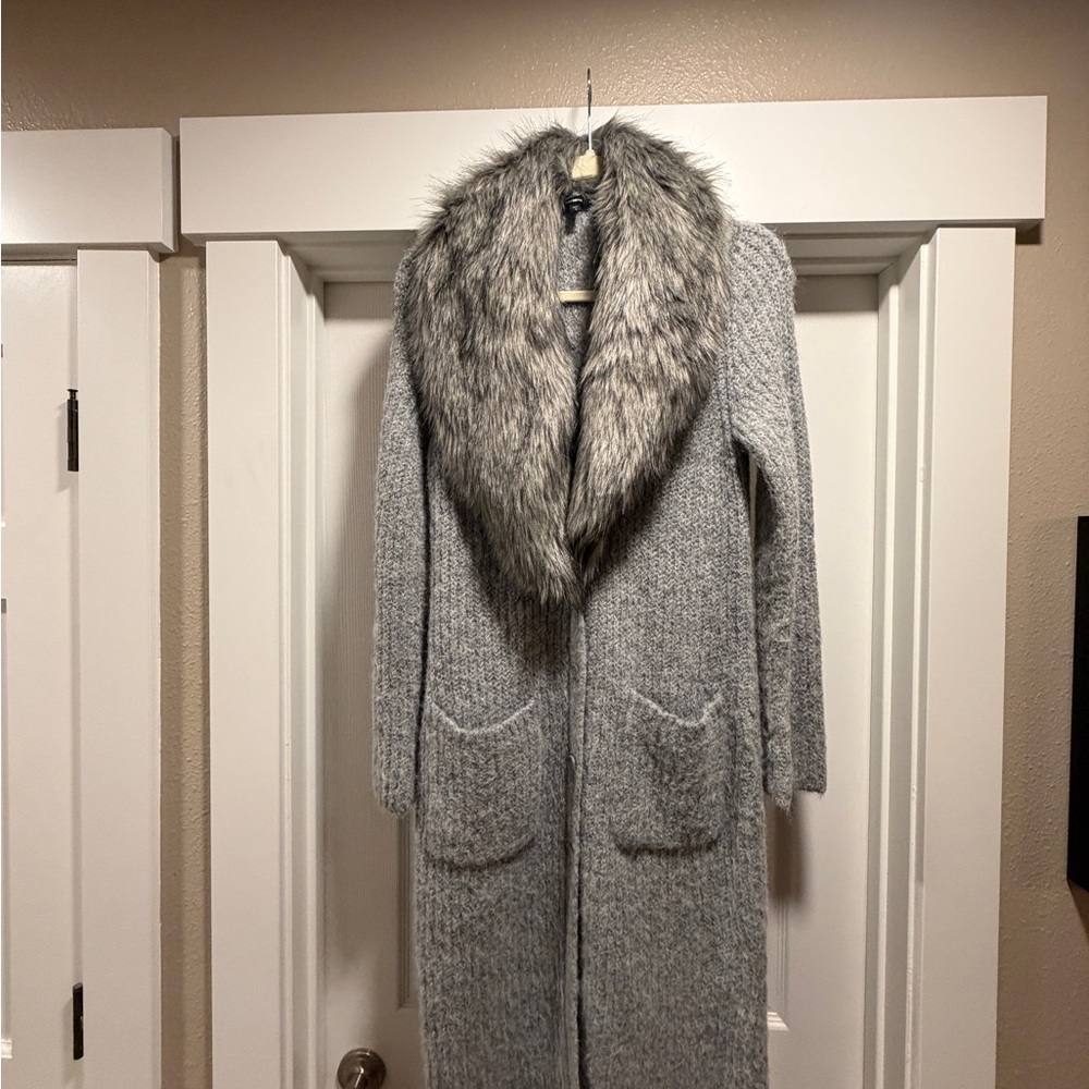 Express Gray Long Coat with Faux Fur Collar